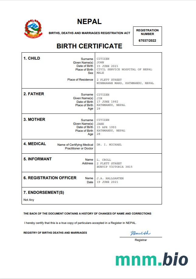 Nepal narodziny certyfikat Word i PDF szablon